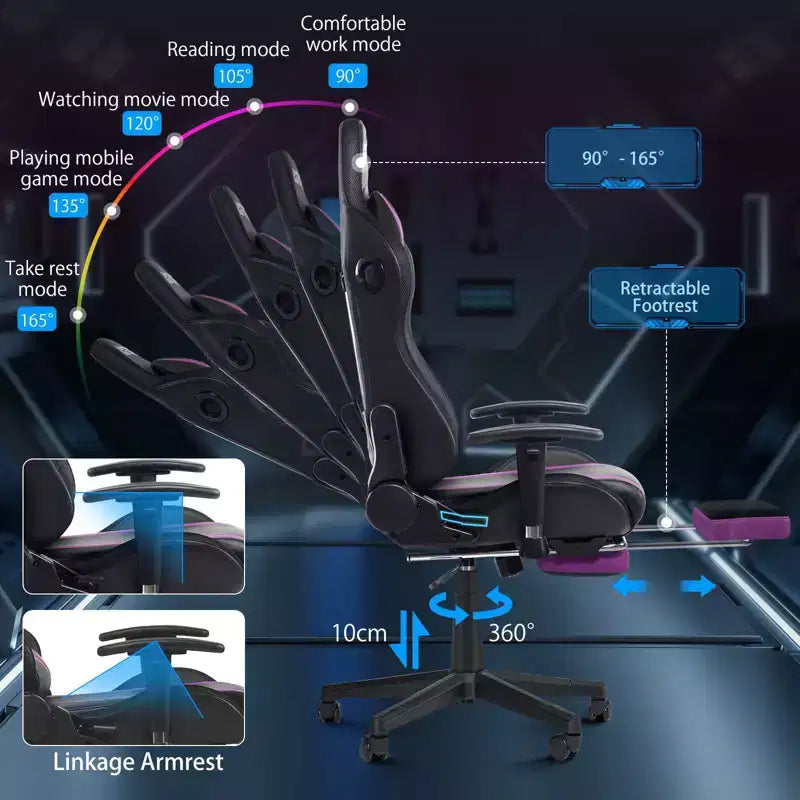 Fauteuil de massage relaxant, chaise gaming, fauteuil de bureau/ordinateur ergonomique avec haut-parleur Bluetooth et éclairage RGB