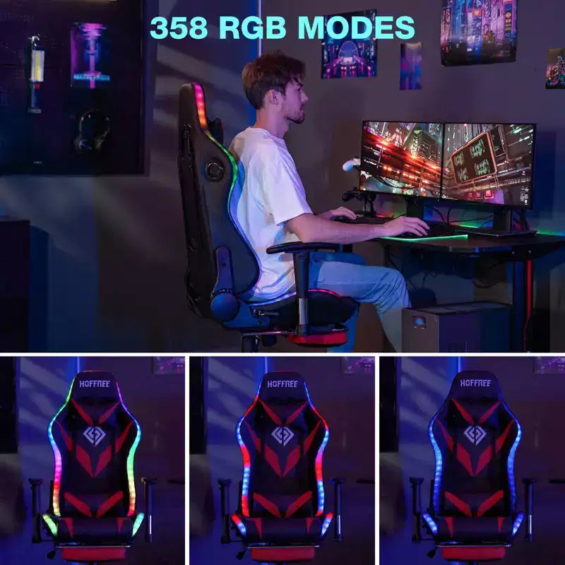 Fauteuil de massage relaxant, chaise gaming, fauteuil de bureau/ordinateur ergonomique avec haut-parleur Bluetooth et éclairage RGB