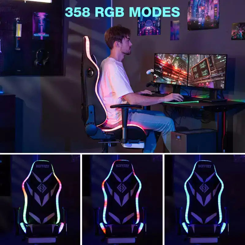 Fauteuil de massage relaxant, chaise gaming, fauteuil de bureau/ordinateur ergonomique avec haut-parleur Bluetooth et éclairage RGB