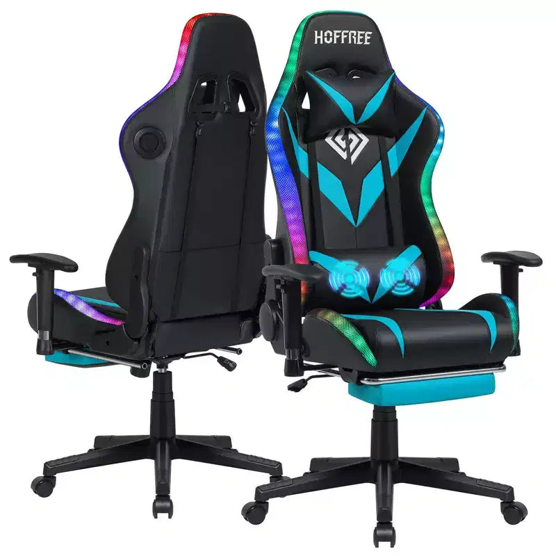 Hoffree Massage Reclining Gaming Chair Ergonomic Office PC Chair with Bluetooth Speaker &amp; RGB Light