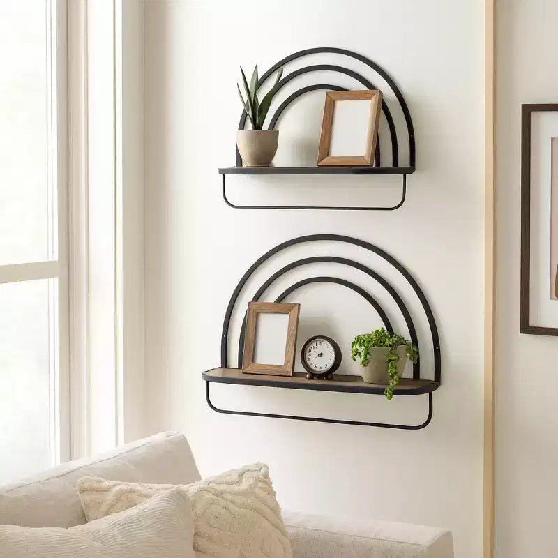 Étagère murale style arc-en-ciel - Organisateur de rangement suspendu moderne en bois et cadre métallique - Tailles 20" et 16"