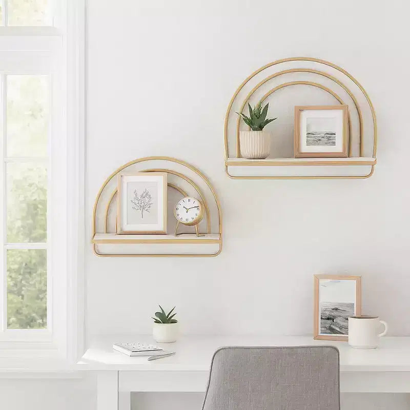 Étagère murale style arc-en-ciel - Organisateur de rangement suspendu moderne en bois et cadre métallique - Tailles 20" et 16"