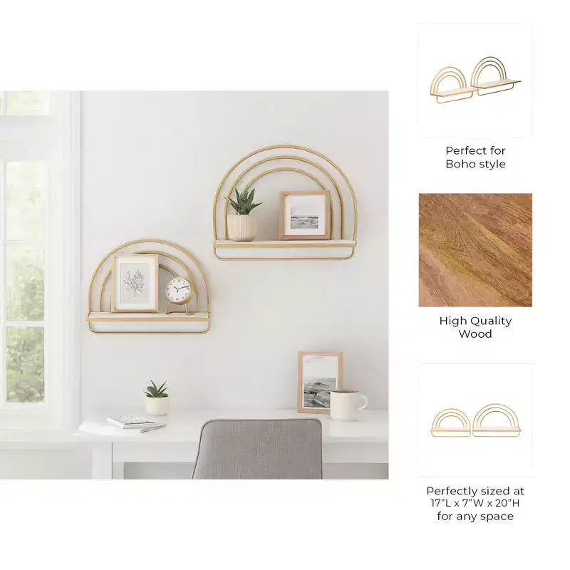 Étagère murale style arc-en-ciel - Organisateur de rangement suspendu moderne en bois et cadre métallique - Tailles 20" et 16"