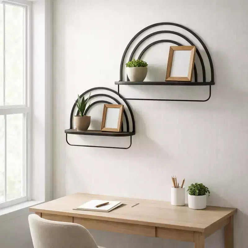 Étagère murale style arc-en-ciel - Organisateur de rangement suspendu moderne en bois et cadre métallique - Tailles 20" et 16"