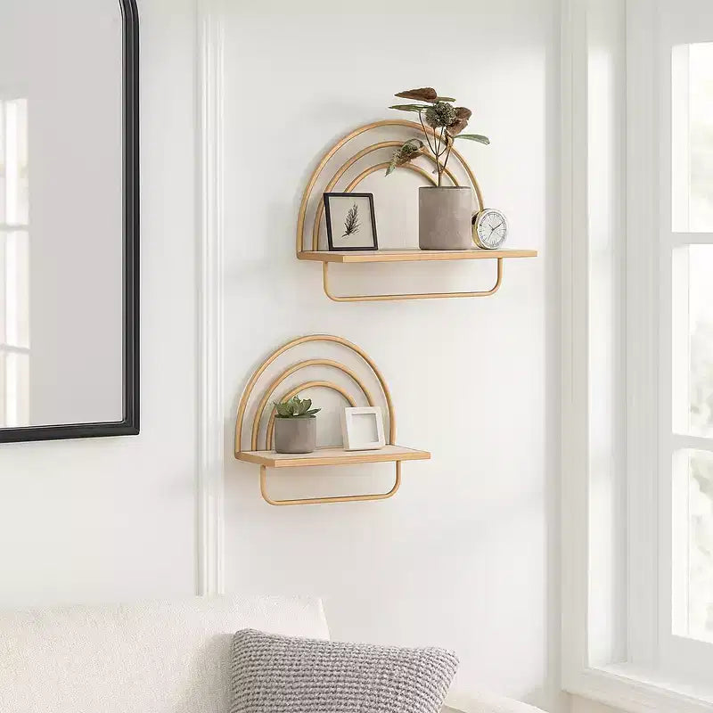 Étagère murale style arc-en-ciel - Organisateur de rangement suspendu moderne en bois et cadre métallique - Tailles 20" et 16"