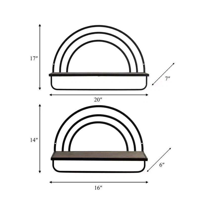 Étagère murale style arc-en-ciel - Organisateur de rangement suspendu moderne en bois et cadre métallique - Tailles 20" et 16"