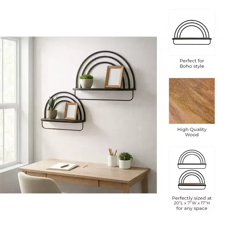 Étagère murale style arc-en-ciel - Organisateur de rangement suspendu moderne en bois et cadre métallique - Tailles 20" et 16"
