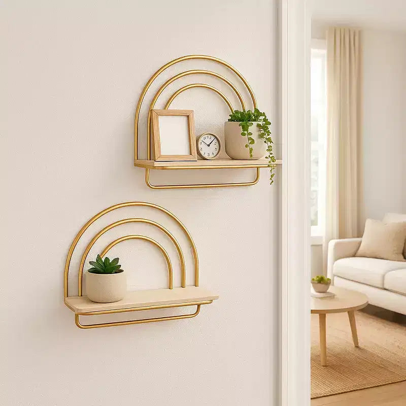 Étagère murale style arc-en-ciel - Organisateur de rangement suspendu moderne en bois et cadre métallique - Tailles 20" et 16"