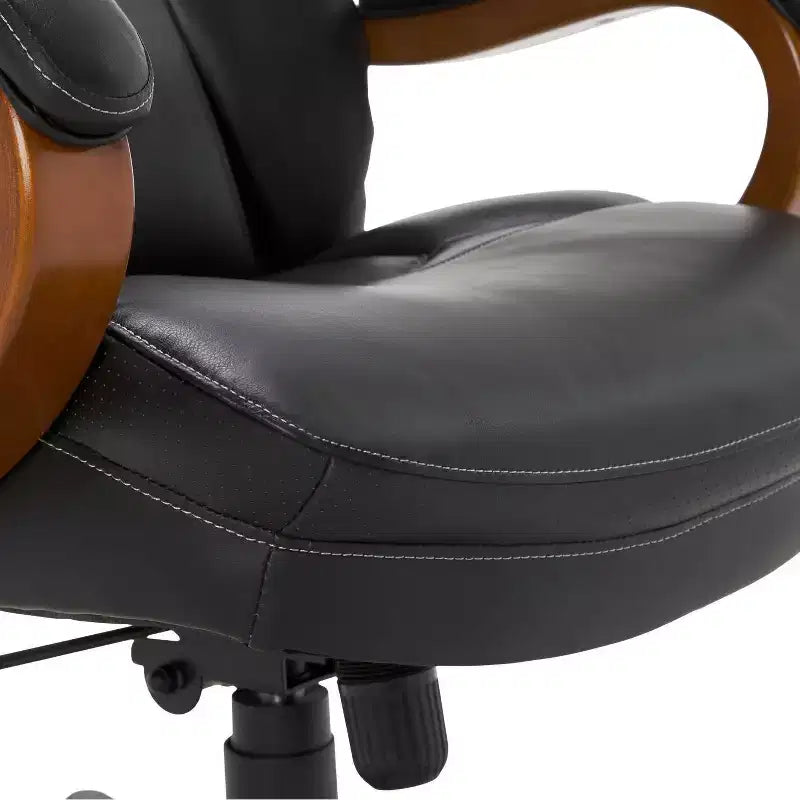 Chaise de bureau de direction en cuir reconstitué noir – Mousse haute densité, accoudoirs fixes, cadre en bois