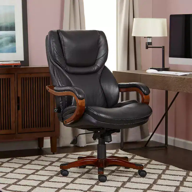 Chaise de bureau de direction en cuir reconstitué noir – Mousse haute densité, accoudoirs fixes, cadre en bois