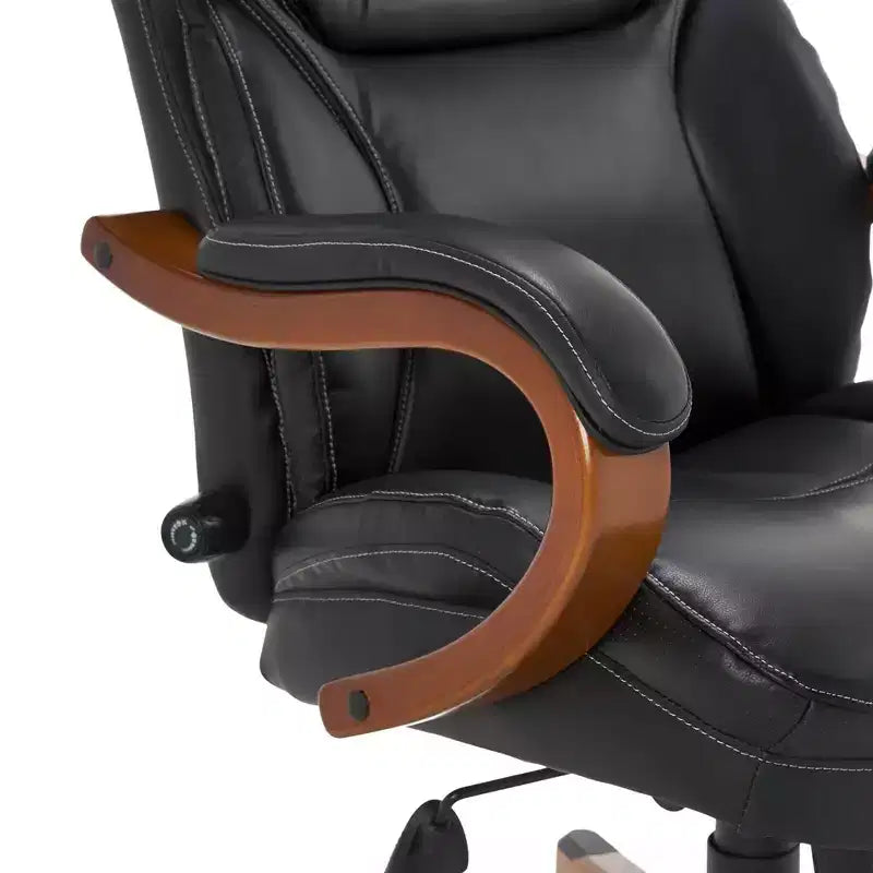 Chaise de bureau de direction en cuir reconstitué noir – Mousse haute densité, accoudoirs fixes, cadre en bois