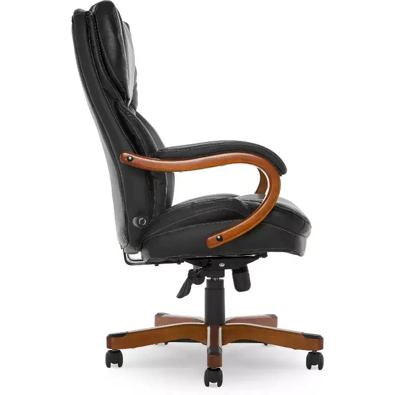 Chaise de bureau de direction en cuir reconstitué noir – Mousse haute densité, accoudoirs fixes, cadre en bois
