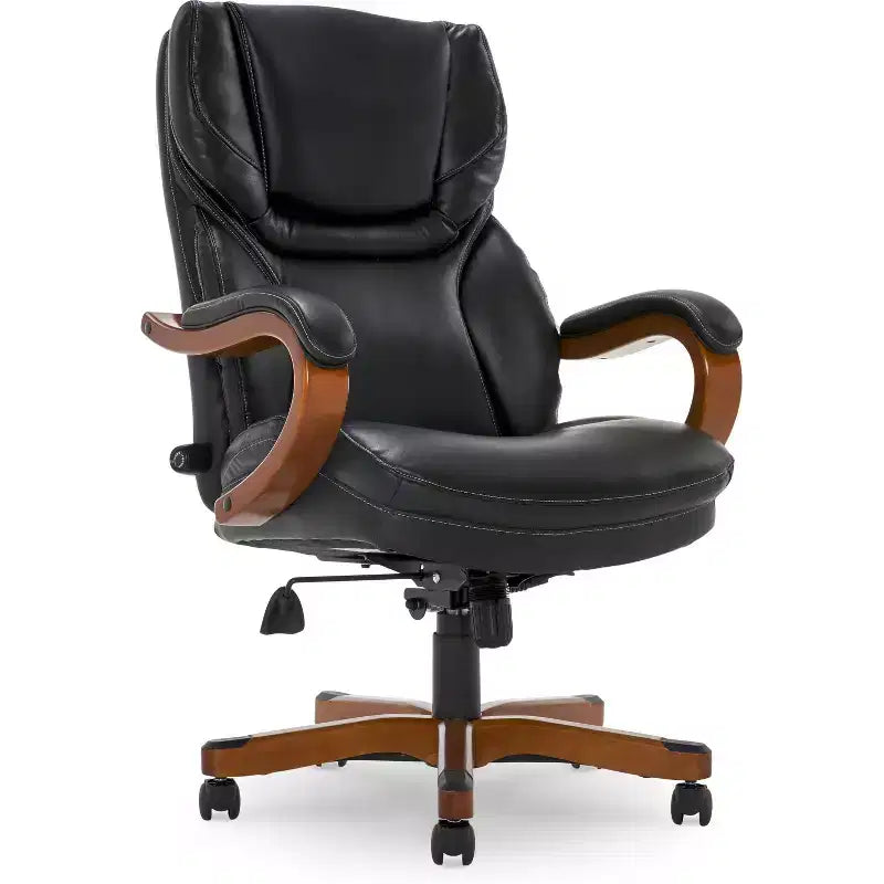 Chaise de bureau de direction en cuir reconstitué noir – Mousse haute densité, accoudoirs fixes, cadre en bois