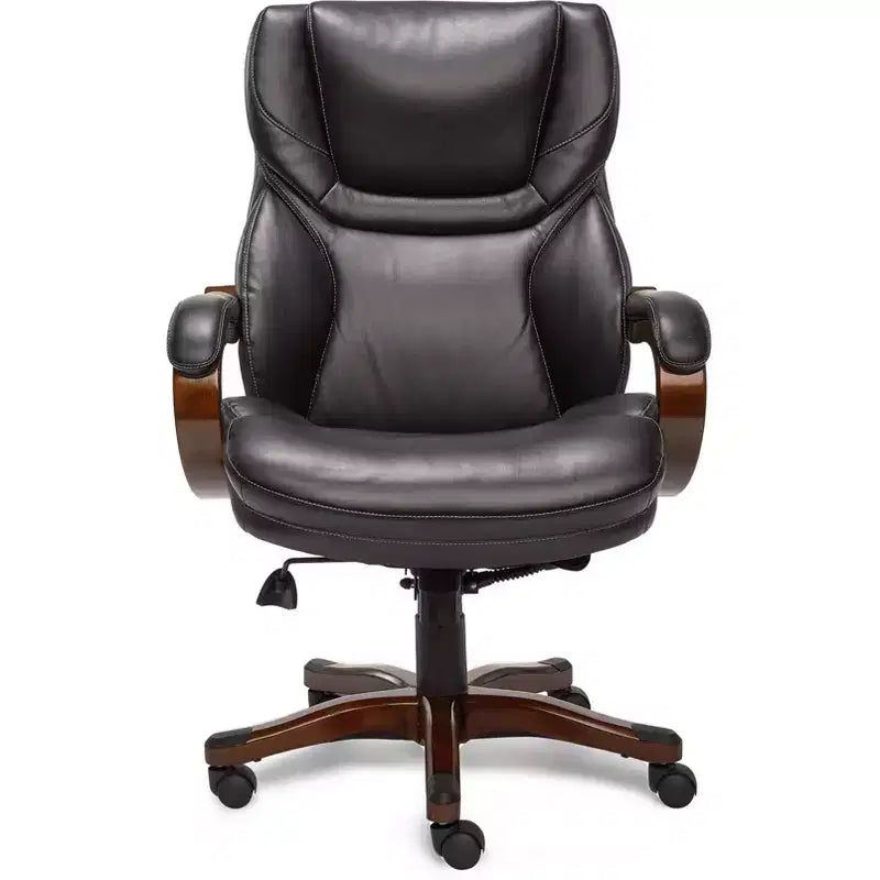 Chaise de bureau de direction en cuir reconstitué noir – Mousse haute densité, accoudoirs fixes, cadre en bois