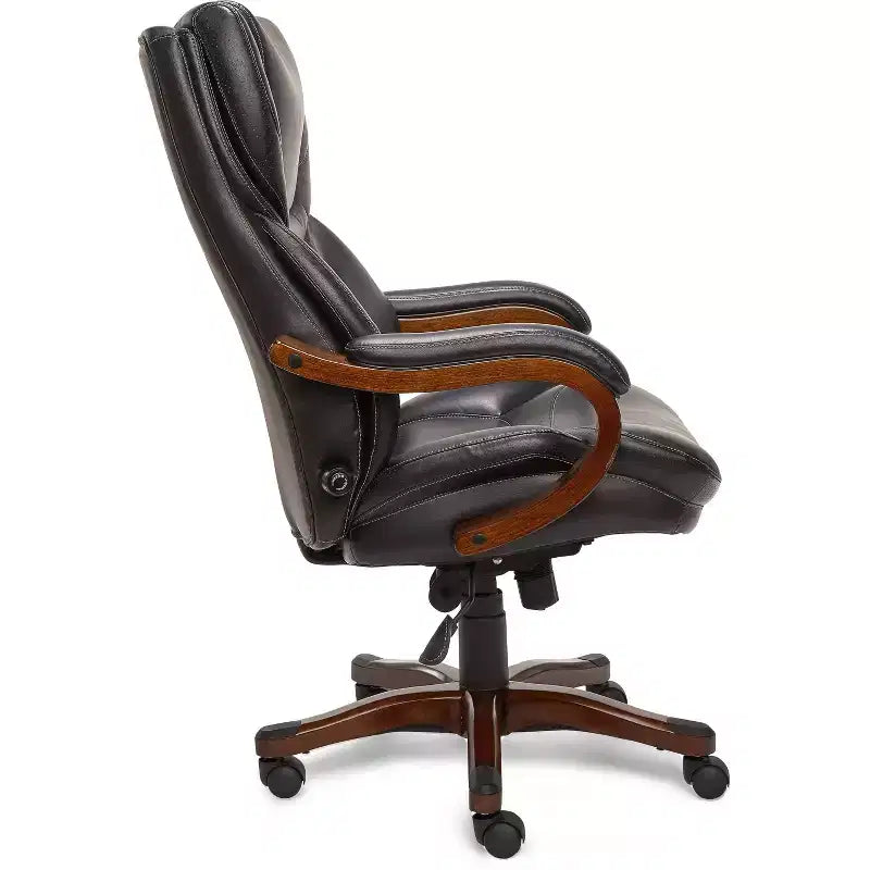 Chaise de bureau de direction en cuir reconstitué noir – Mousse haute densité, accoudoirs fixes, cadre en bois