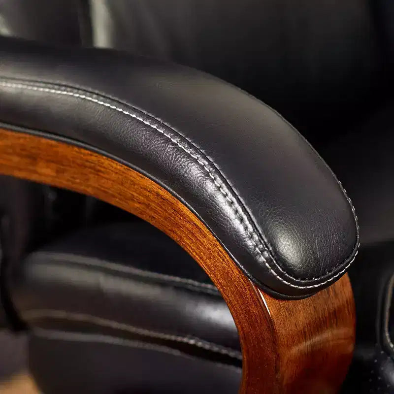 Chaise de bureau de direction en cuir reconstitué noir – Mousse haute densité, accoudoirs fixes, cadre en bois